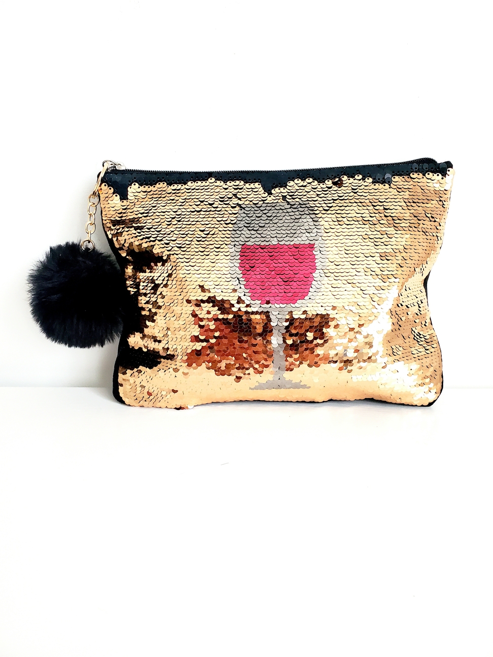 Stella & Dot Gold Sequin Clutch with Pink Wine Glass Motif and Black Pom